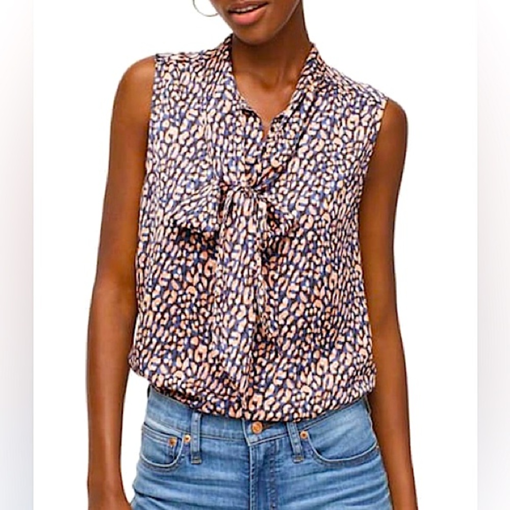 J. Crew Drapey tie-neck sleeveless top in leopard navy peach, 2X